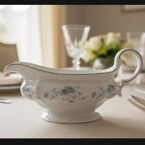 Vintage Johann Haviland Blue Garlands Porcelain Platinum Gilded Gravy Boat